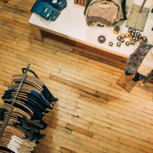 A view of clothes on display in the store.