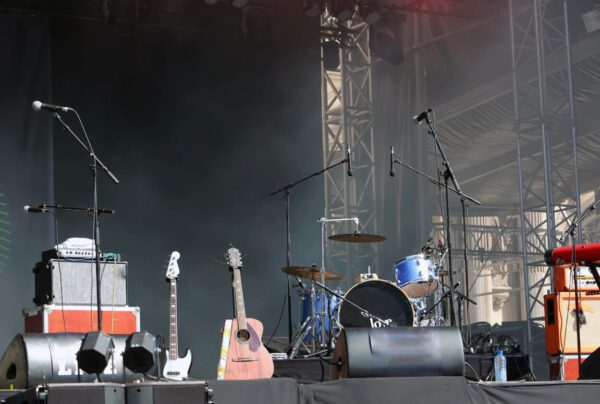 A stage with many different types of musical instruments.
